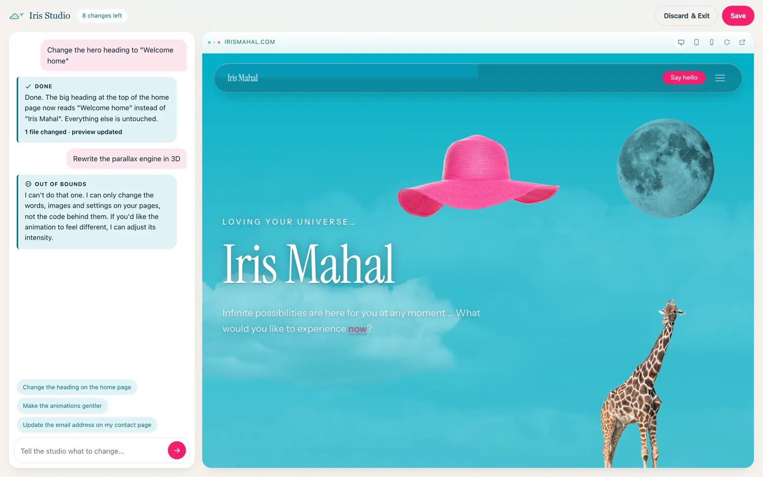 SpokenCMS: chat on the left, the client's live site previewing on the right